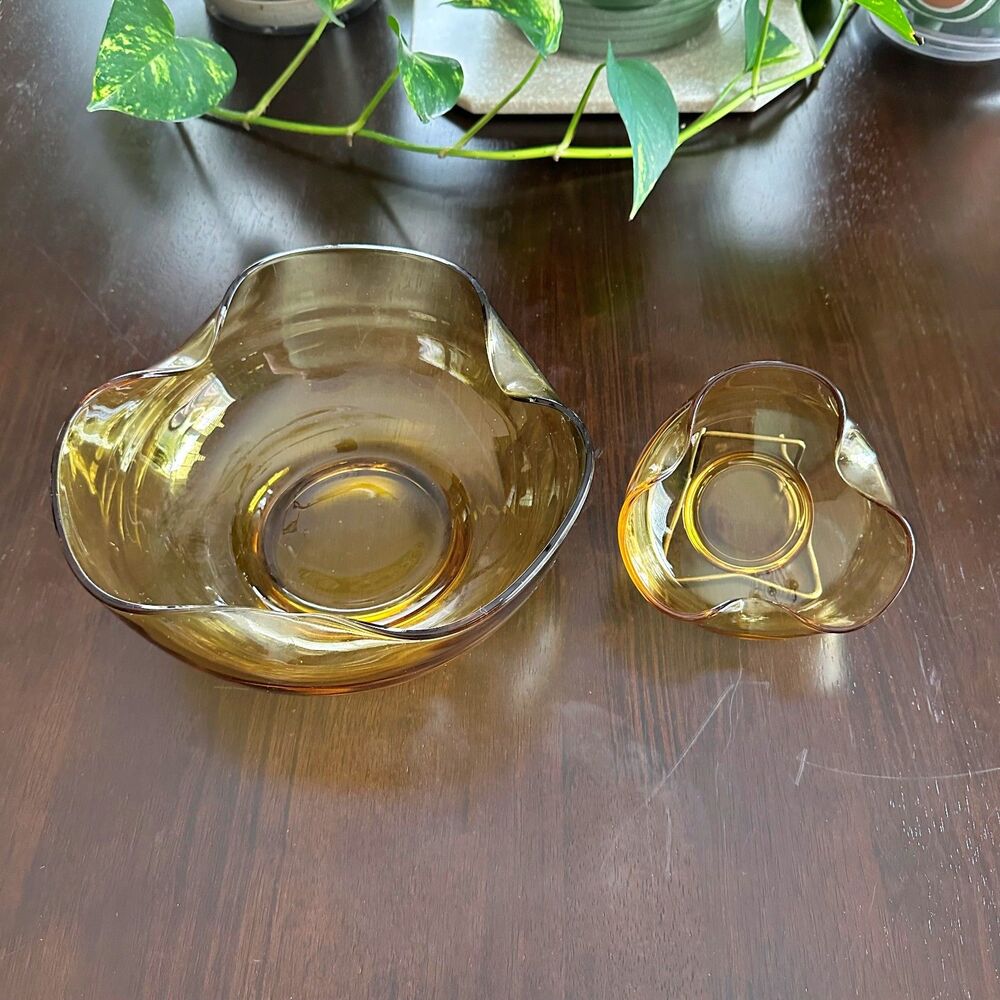 Vtg 70's Anchor Hocking Amber Glass Chip & Dip Bowl Set Distinctive Sculpture